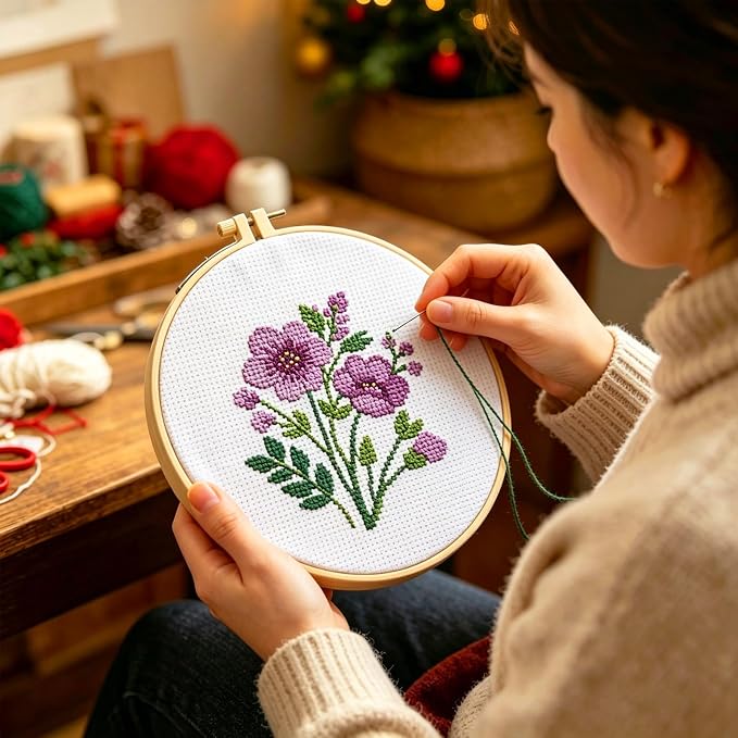 Zhenqing Purple Floral Bouquet Cross Stitch Kit - Image 3