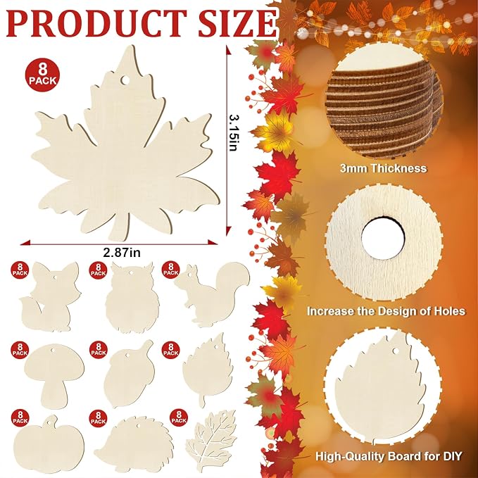 80PCS Wooden Fall Ornaments to Paint Thanksgiving Decorations, 10 Styles DIY - Image 2