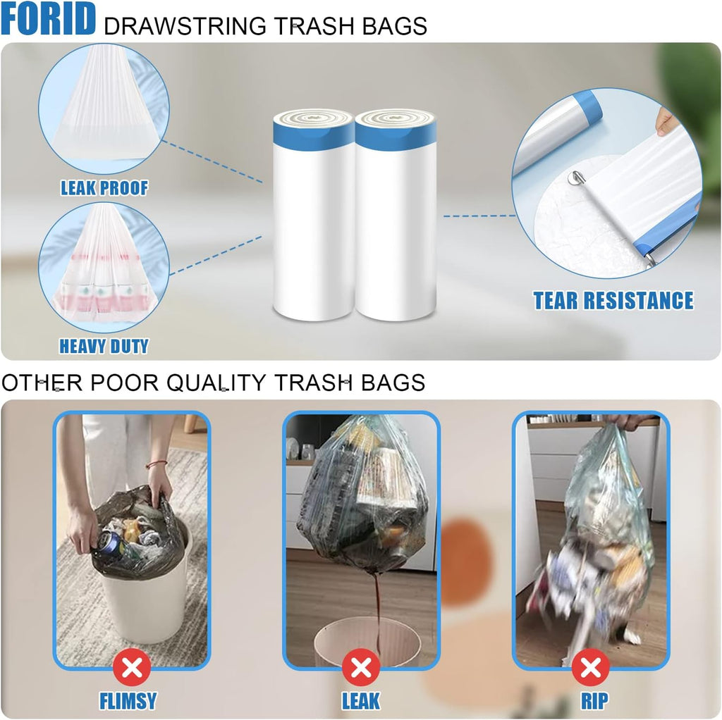 FORID Mini Drawstring Trash Bags - 2 Gallon Small Bathroom Garbage Bags White Plastic Trash Can Liners Disposable Unscented Wastebasket Bags 60 Count for Office bedroom Home 7.5 Liter