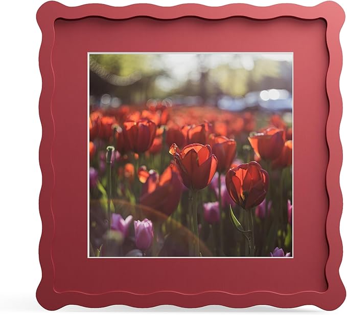 10x10 Picture Frame with Mat for 8x8, Wavy Edge Wooden Real Glass Photo Frame by THKRLOF