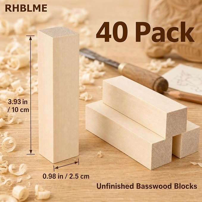 RHBLME 40 PCS Basswood Carving Blocks, Wooden Cubes Soft Solid Wooden Basswood - Image 2