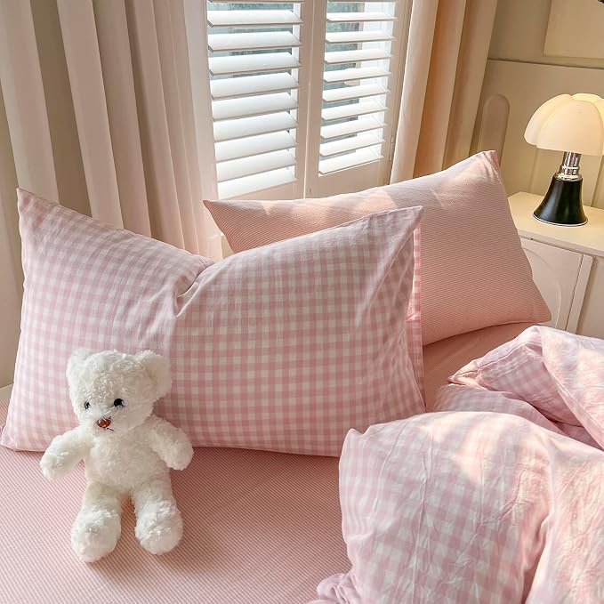 mixinni Light Pink Gingham Duvet Cover Set Twin XL Size - Image 5