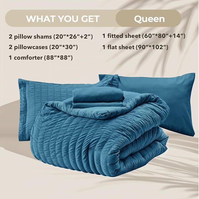 HYMOKEGE Teal Queen Comforter Set Seersucker 7 Pieces, All Season Luxury Bed in - Image 6
