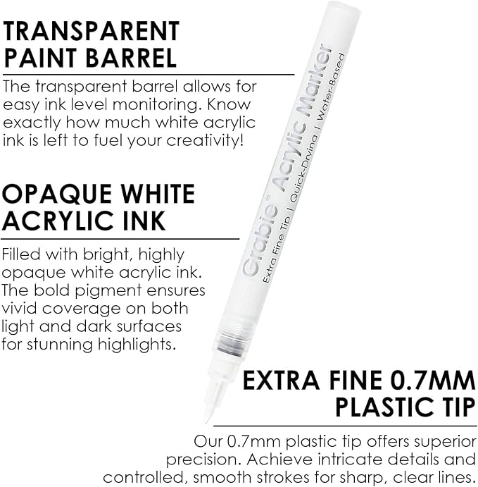 Grabie 6 White Acrylic Paint Markers, 0.7mm Extra Fine Tip Acrylic Paint Pens - Image 2