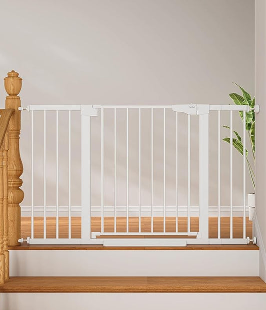 Cumbor 29.7"–51.5" Extra Wide Baby Gate for Stairs, Pressure-Mounted Dog Gates for Doorways & Hallways, Auto-Close Walk-Through, No-Trip Design, Child Proof Safety, Dog/Pet Gate for Indoor Use, White