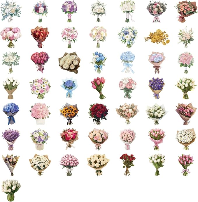 50 Pcs Flower Scrapbook Stickers Kit Bouquet PET Transparent Waterproof - Image 2