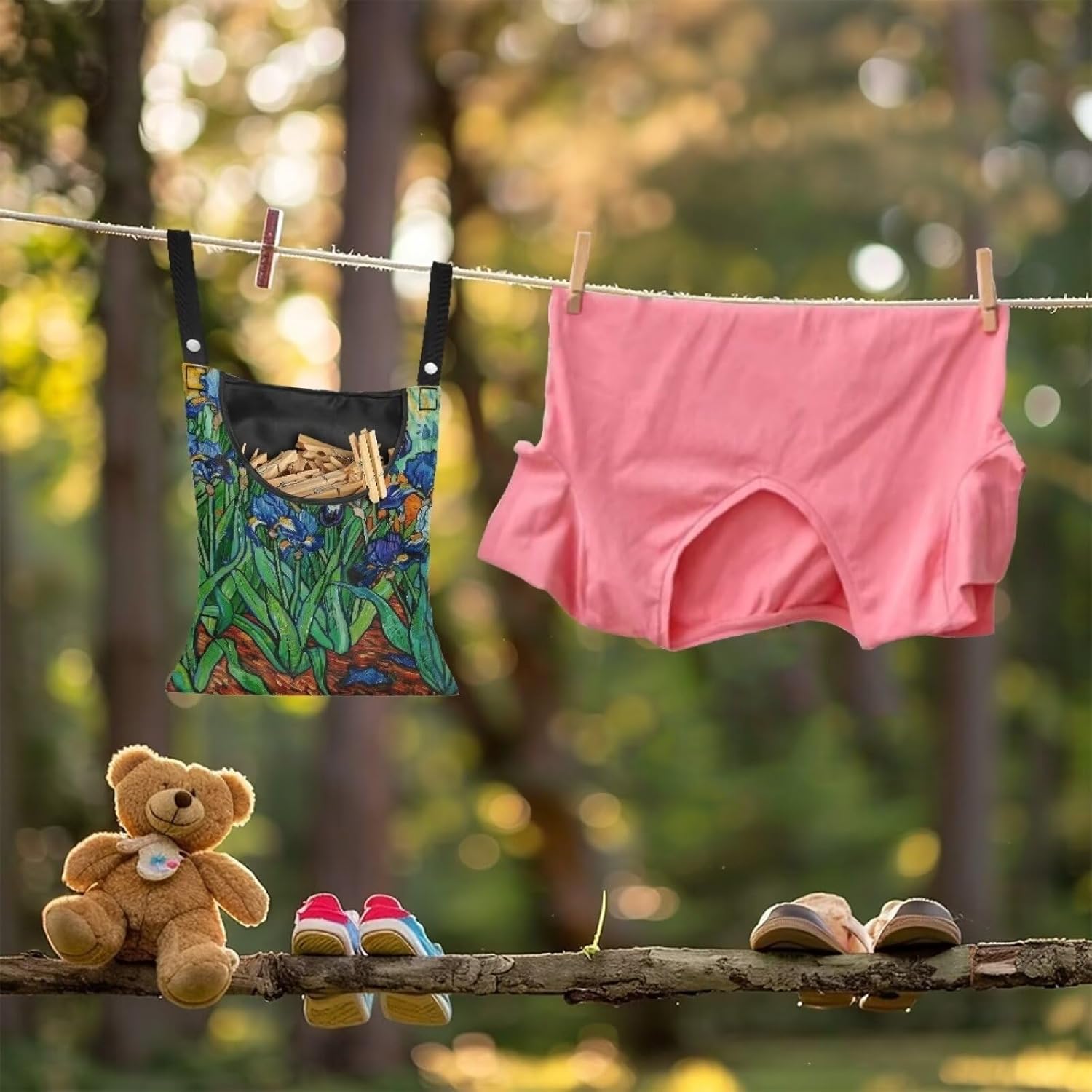 Floral Print Clothespin Organizer Bag Fashion Clothespin Storage Organizer with Large Opening Rotatable Clothespin Storage Bag Laundry Clothespin Bags, Clothespin Storage Hanger Bag