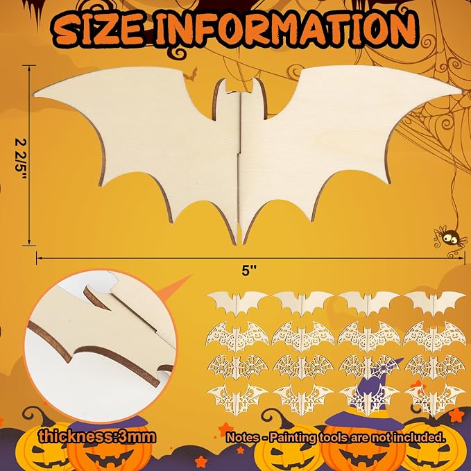 COCHIE DIY 3D Halloween Bats Wood Crafts to Paint, Paintable Unfinished Wooden - Image 2