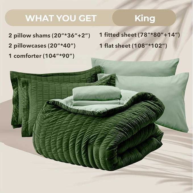 HYMOKEGE Dark Green/Sage Green King Size Comforter Set Seersucker 7 Pieces - Image 6