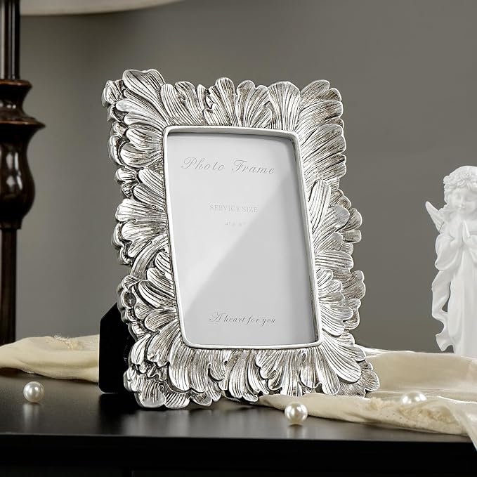 Cuspin 4x6 Picture Frame Silver, Vintage Ornate Palm Leaves Textured - Image 8