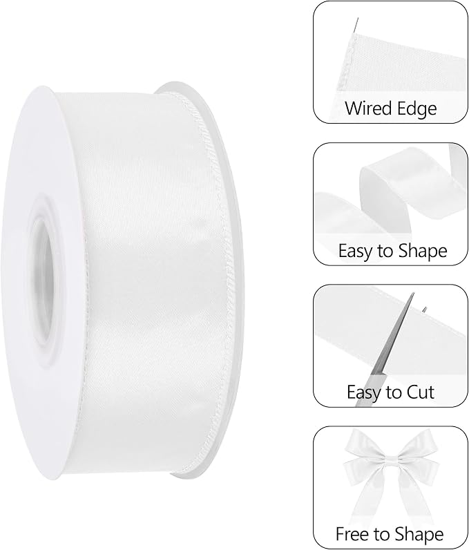 White 1.5 Inch Continuous 25 Yards Satin Wired Ribbon - Image 3