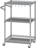 Metal Carts with Wheels,3 Tier Rolling Utility Carts with Storage, Steel Wire Service Cart with Handle Bar&Shelf Liner, Commercial Grade Kitchen Trolley for Indoor & Outdoor Use
