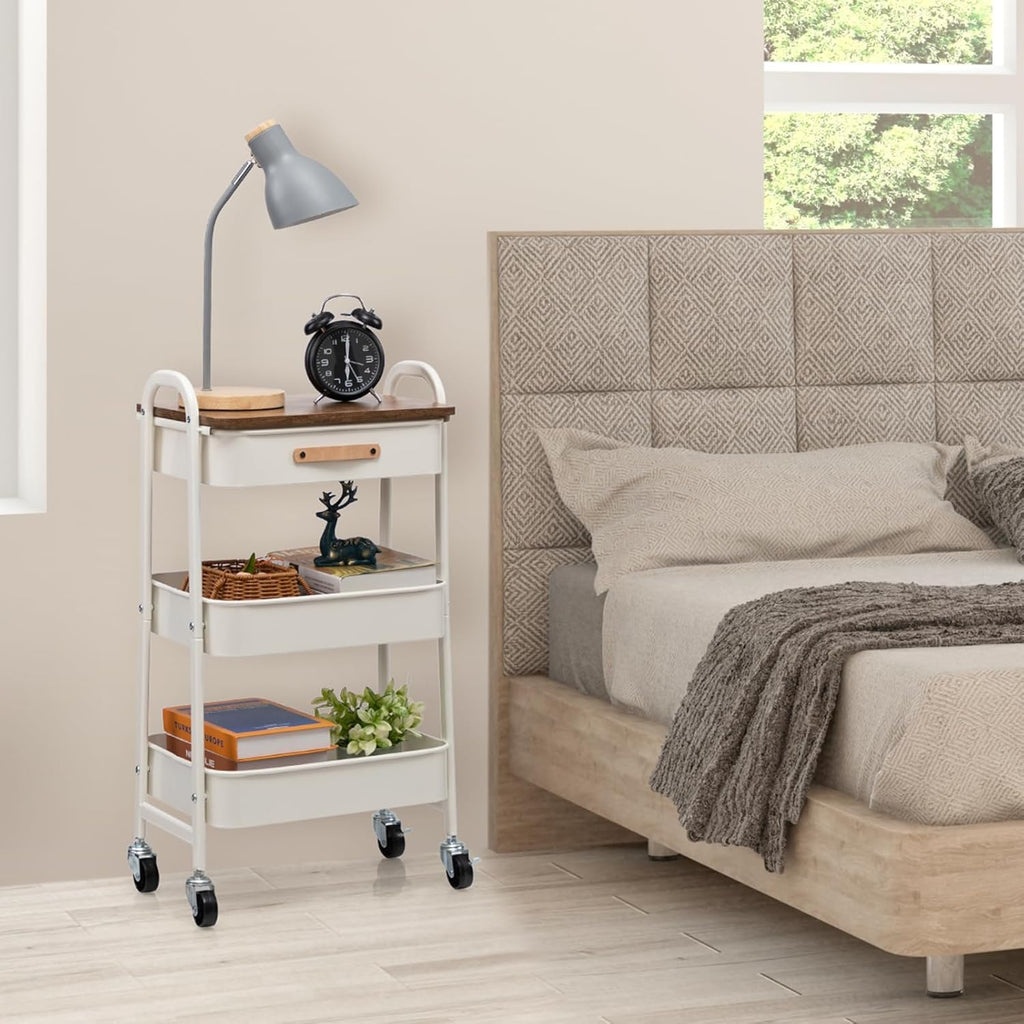 AGTEK Rolling Organizer Cart with Drawer, 3 Tier Movable Metal Utility Cart with Drawer, Mobile Trolley Cart for Home & Office, White