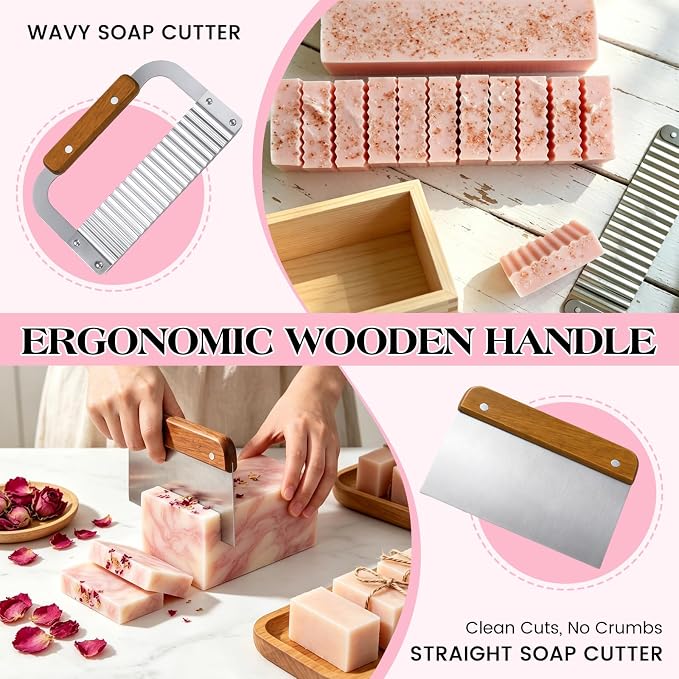 SJ 42 oz Soap Making Kit with Pink Silicone Loaf Mold, Wooden Box & Cutters | - Image 3