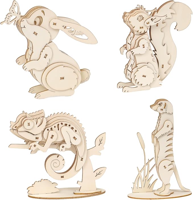 ELX 3D Wooden Animal Puzzles for Kids 6+, 4 Piece Set Animal Models, Wood by ELXPUZZLETOY