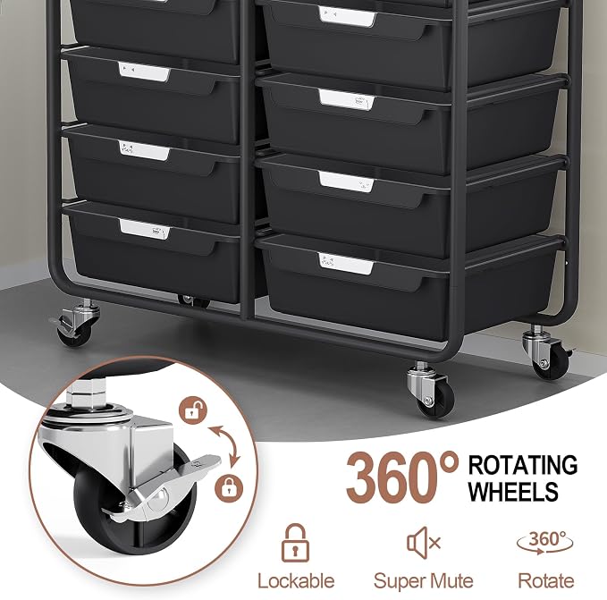 10 Drawers Rolling Cart with Wooden Tabletop, Utility Storage Cart with Wheels - Image 6