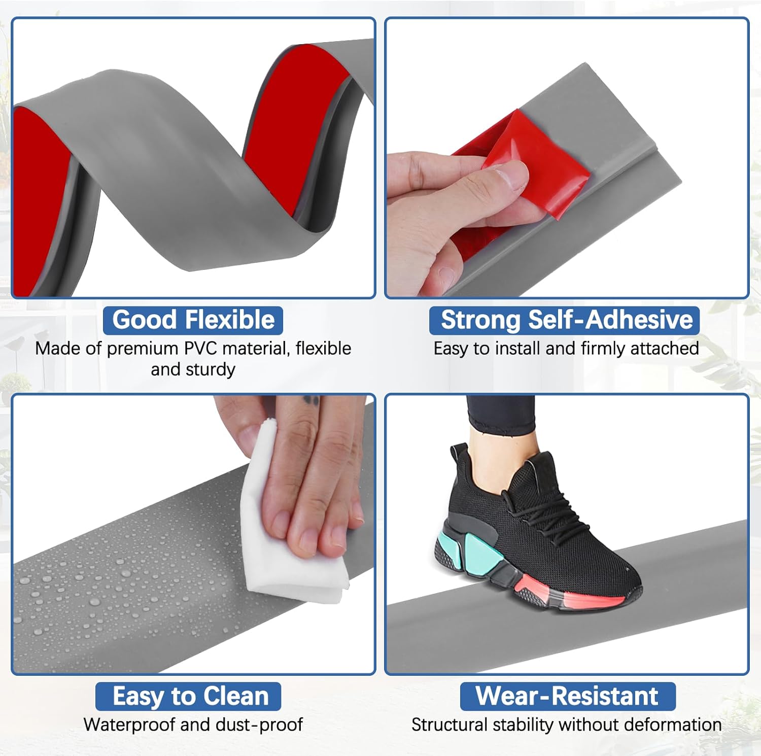 Vinyl Door Threshold Flooring Transition Strip Self Adhesive Carpet Edging Strip for Laminate Doorway Edge Threshold from 3/5" to 4/5" (Gray, 10 Ft)