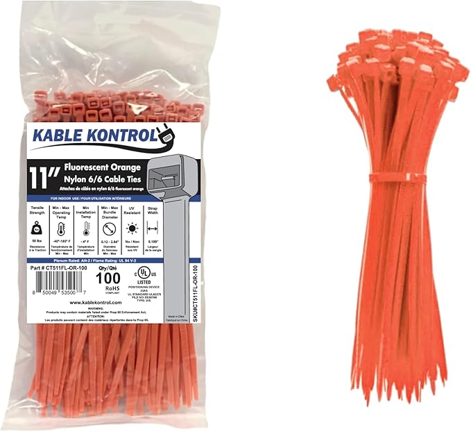 Kable Kontrol Fluorescent Orange Zip Ties 11 Inch 100 Pcs, 50 Lbs Tensile by KABLEKONTROL%C2%AE