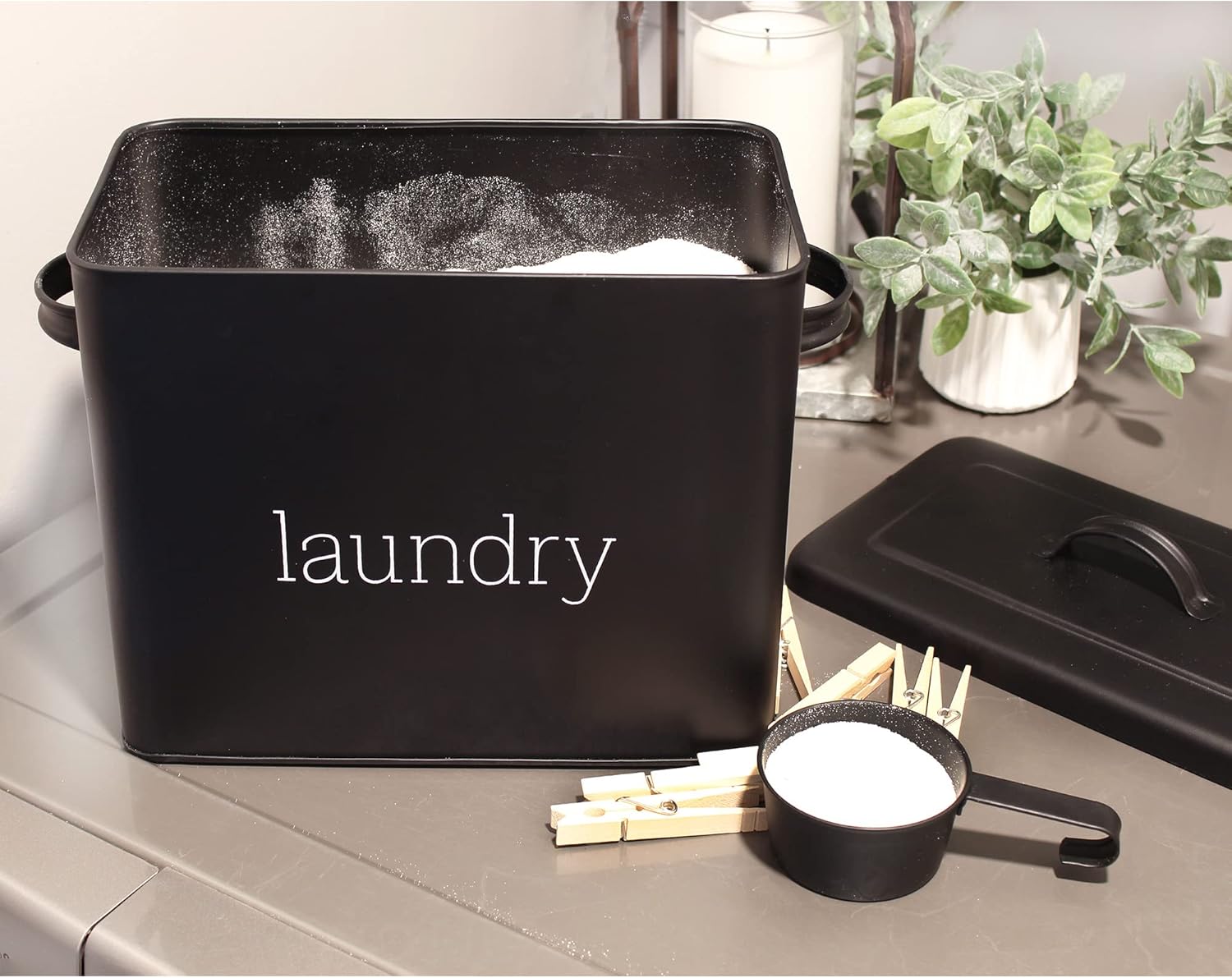AuldHome Design Enamelware Laundry Powder Container (Black), Enamelware Detergent Bin w/ Scoop