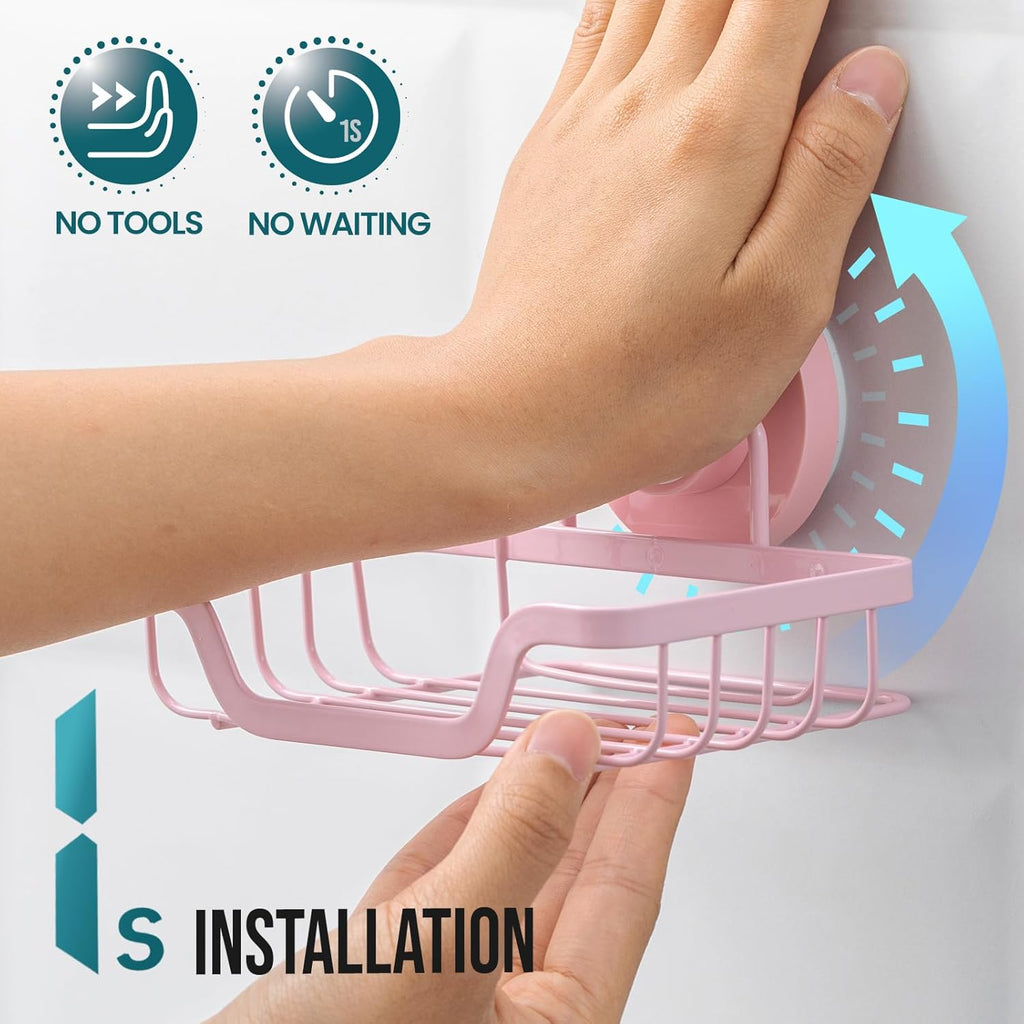 TAILI Soap Holder Bar Dish Suction Cup, Bar Shampoo Rack for Shower Wall, Draining Soap Saver Tray for Bathroom, Rustproof Stainless Steel Sponge Holder for Tub, Kitchen, Drill-Free, Pink