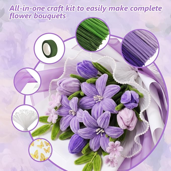 Cwczhi 600 PCS Pipe Cleaners Craft, 9 Colors Purple Pipe Cleaner Flower Kit | - Image 5