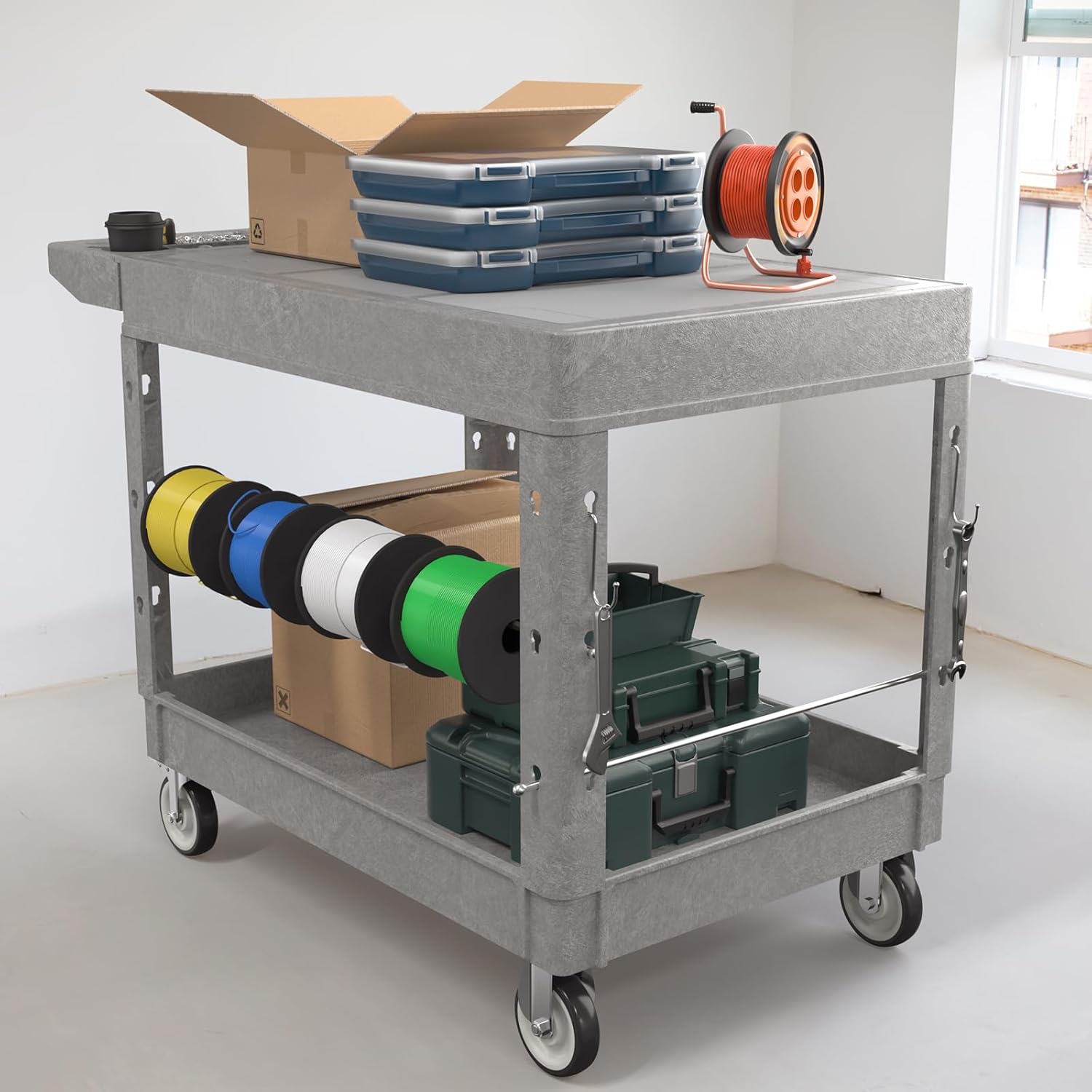 Heavy Duty Flat Top Utility Cart with Wheels 2-Tier Utility Plastic Service Work Cart for Shop, Garage, Warehouse, Maintenance 550 lbs