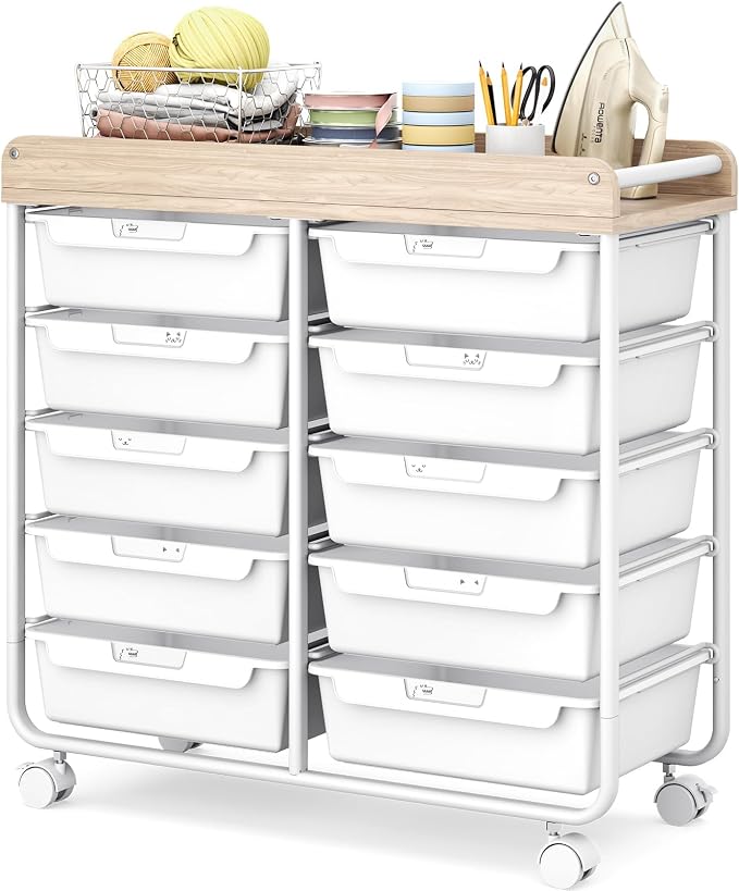 10 Drawers Rolling Cart with Wooden Tabletop, Utility Storage Cart with Wheels by APEXCHASER