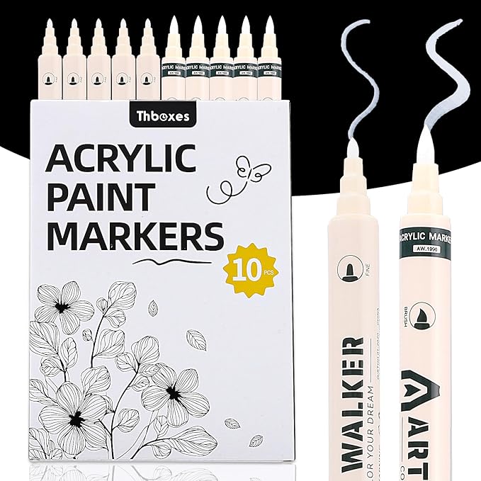Thboxes White Paint Markers 10 Pack, Dual Tip Acrylic Pens | Fine Tip + Brush by Thboxes