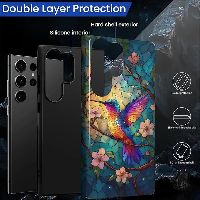 for Samsung Galaxy S23 Ultra Case, Stained Glass Hummingbird Pattern Glossy 2 - Image 2