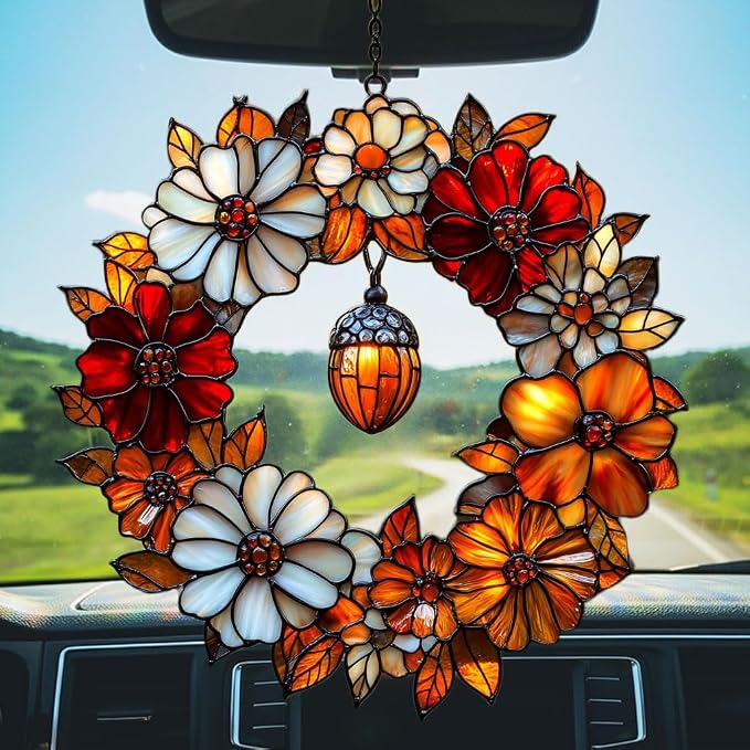 Autumn Floral Wreath Acrylic Suncatcher Stained Glass Effect Window Car Hanging - Image 5