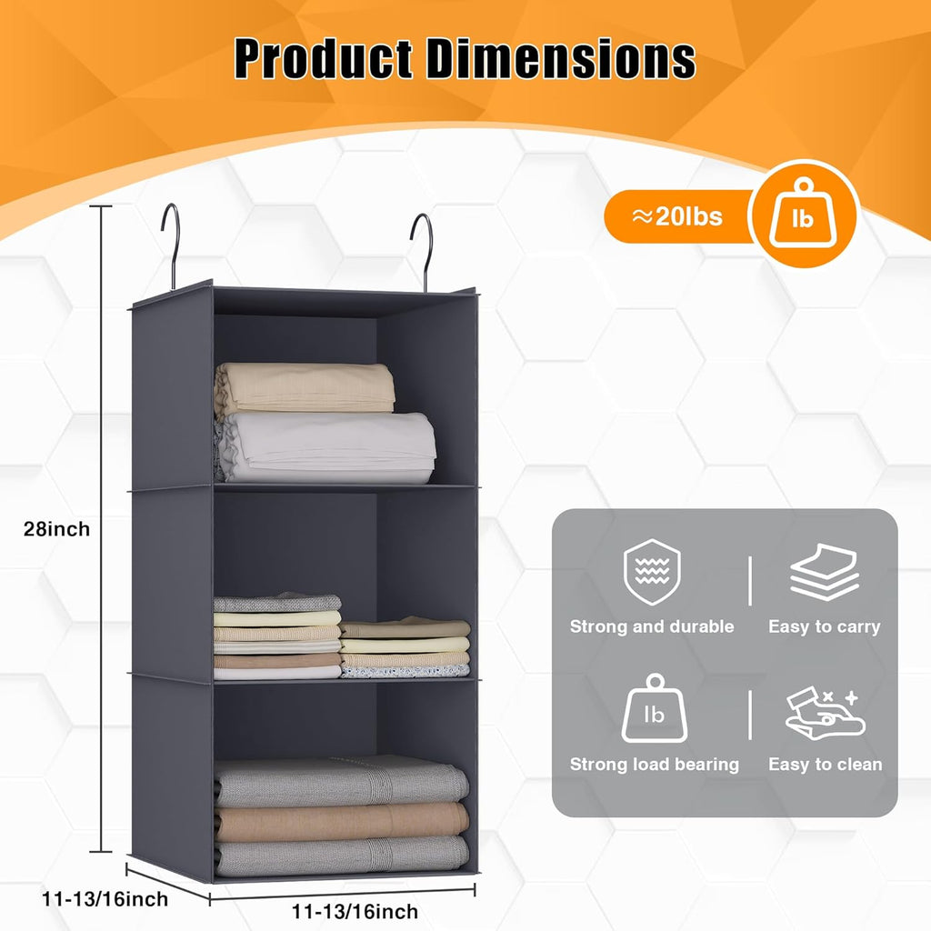 Hanging Closet Organizer and Storage 3-Shelf, Easy Mount Foldable Hanging Closet Wardrobe Storage Shelves, Clothes Handbag Shoes Accessories Storage, Washable Oxford Cloth Fabric, Dark Gray