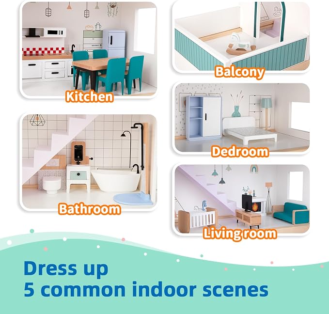 OOOK Wooden Dollhouse for Kids, Doll House - Image 3