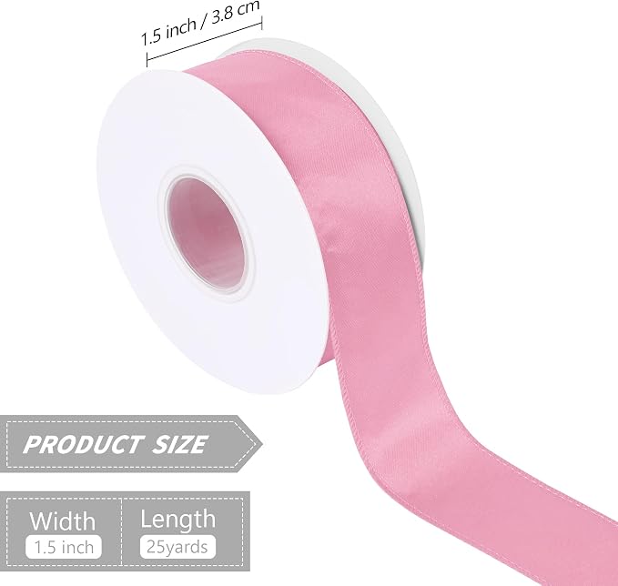 Pink 1.5 Inch Continuous 25 Yards Satin Wired Ribbon - Image 2