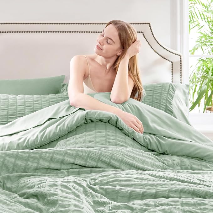 CozyLux Queen Comforter Set Sage Green Seersucker 7 Pieces Bed in a Bag Queen - Image 5