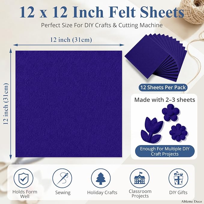 12" x 12" Felt Sheets for Crafts, 2mm Stiff Felt Fabric, Polyester Felt Squares - Image 3