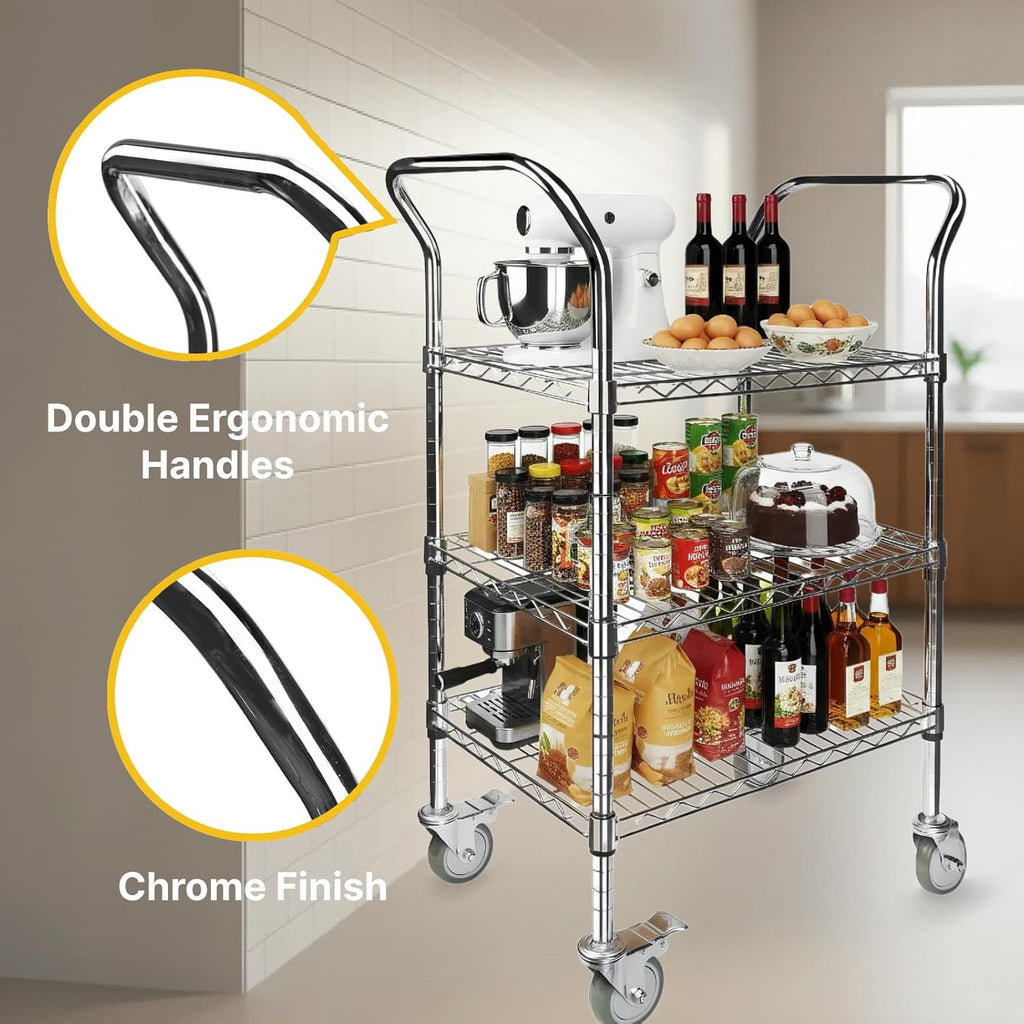 Northsky 3-Shelf Wire Utility Cart on Wheels, Chrome Finish Rolling Metal Shelving with Wheels, 550lb Capacity, 24" x 18" x 44.1", 3 Tier Rolling Cart for Kitchen Bar Storage Use