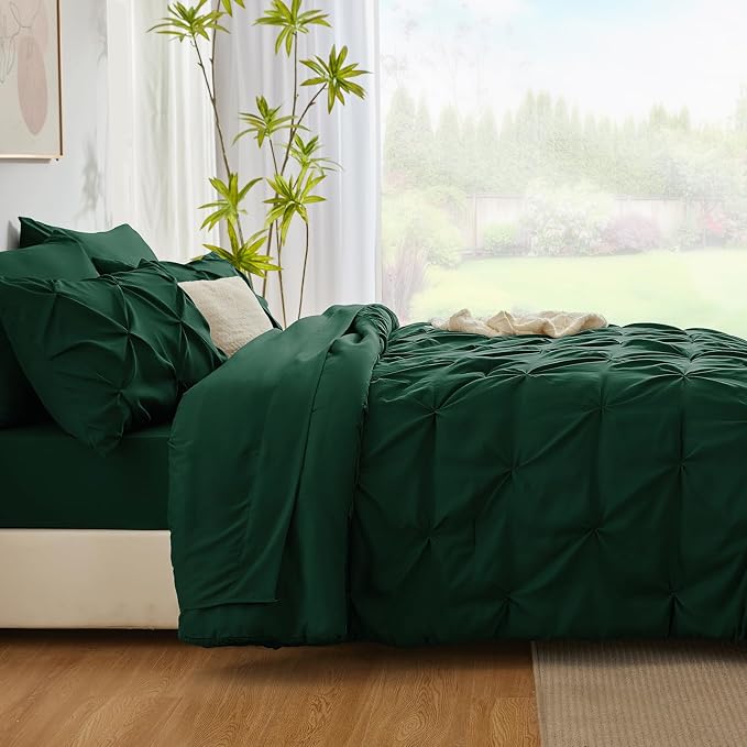 CozyLux King Size Comforter Set Emerald Green, 7 Pieces Pintuck Bed in A Bag - Image 9