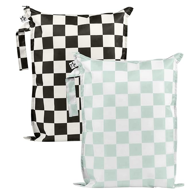 Tiny Twinkle Wet Dry Bag – 2 Pack Reusable Waterproof & Mess Proof Wet Bags for Swimsuits & Travel, Baby Towels & Beach Essentials,a Diaper Bag Must-Have(Black, Green Checkers)