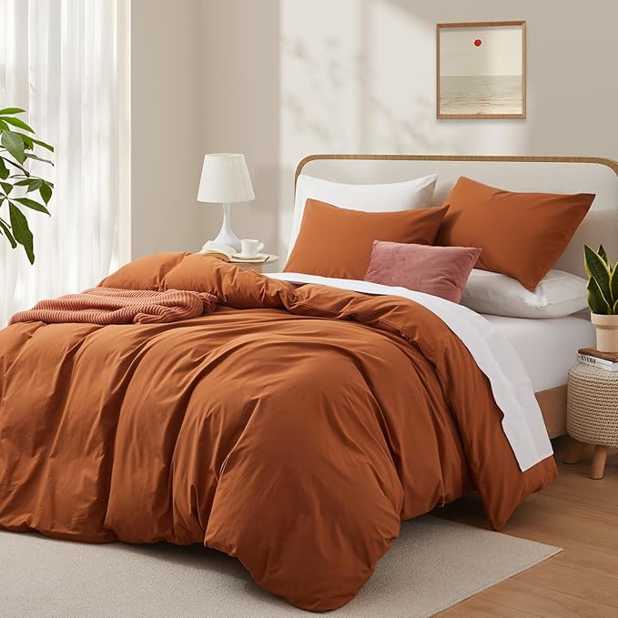 LOVQUE Burnt Orange Cotton Duvet Cover Queen Size, Linen Like Natural Bedding - Image 2