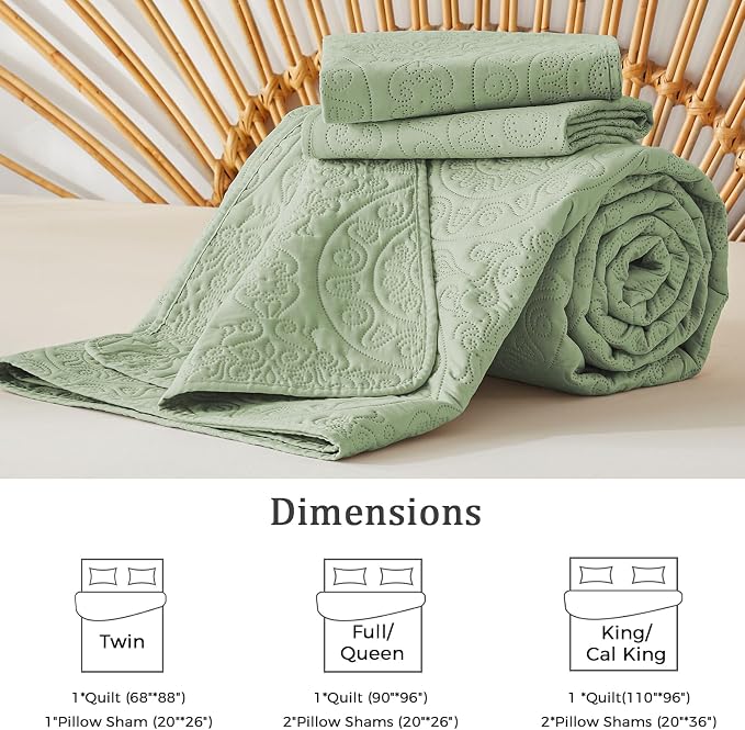 WURUIBO Sage Green Quilt Set Queen Size, Embossing Microfiber Full Bedspreads - Image 6