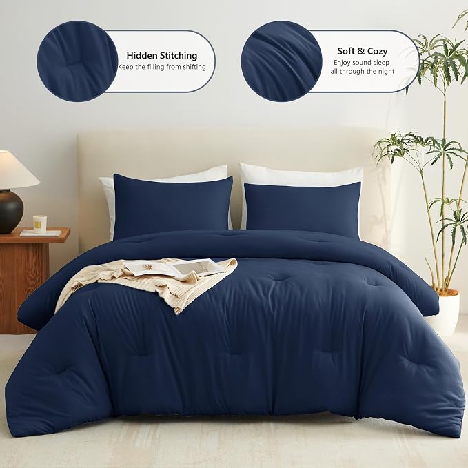 CozyLux Oversized Queen Comforter Set Navy Blue, 3 Pieces 98x98 Solid - Image 3