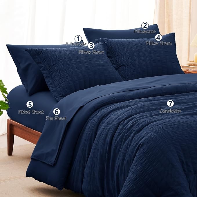 CozyLux Oversized Queen Comforter Set Navy Blue Seersucker 7 Pieces 98x98 Bed - Image 8