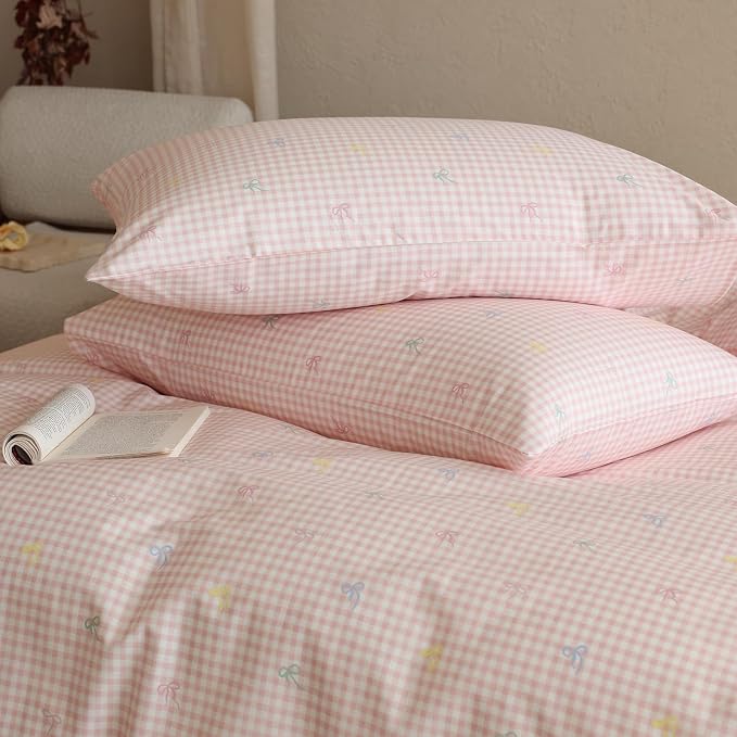 mixinni Gingham Duvet Cover Full Size, 100% Cotton Light Pink and White Gingham - Image 4
