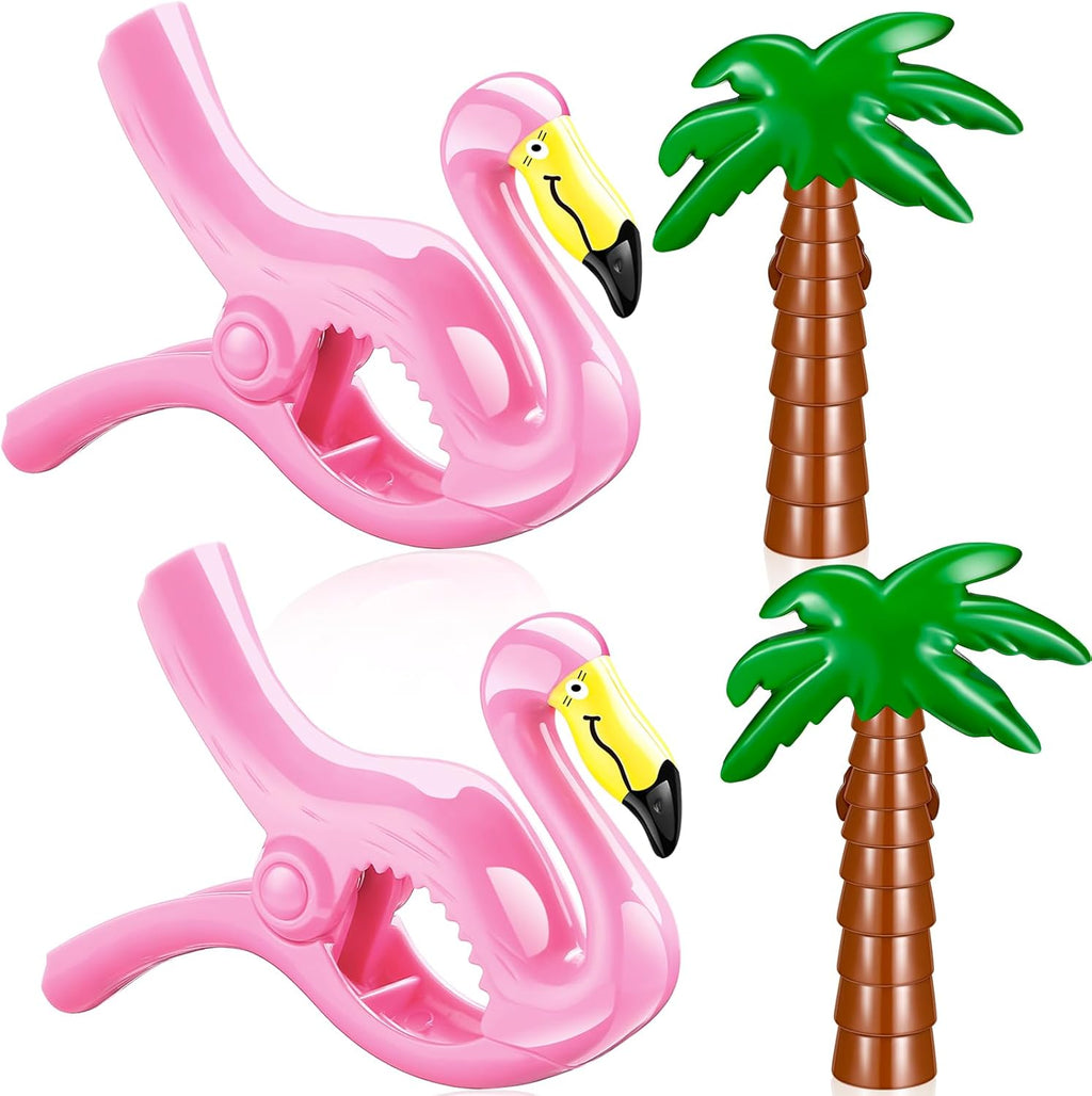 4 Pieces Beach Towel Clip Jumbo Size Chair Clips Towel Holder Clothes Pegs Christmas Stocking Clamp for Cruise Patio Pool Holiday Vacations(Flamingo, Coconut Palm,Pink, Green)