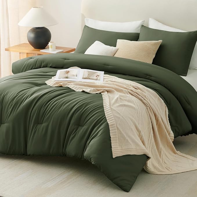 CozyLux Super King Plus Comforter Set Olive Green, 3 Pieces 128x120 Solid - Image 8