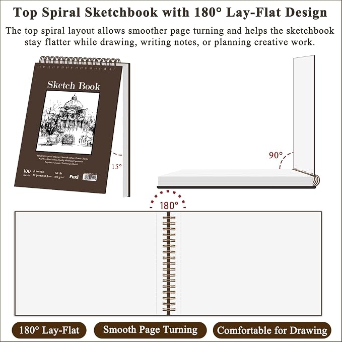 Fuxi 9" x 12" Sketch Book, Top Spiral Bound Sketch Pad, 100 Sheets 68lb/100gsm - Image 3