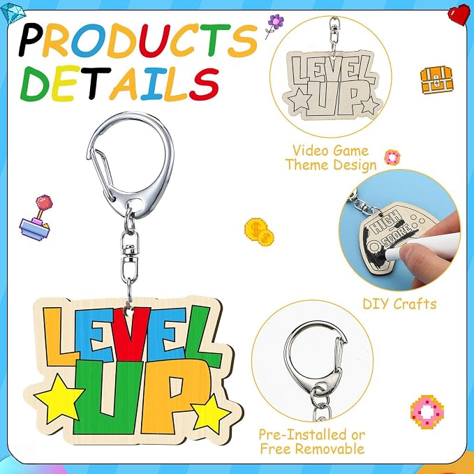 RattanView 24 Pcs Video Game Craft Color Your Own Keychains DIY Craft Wooden - Image 3