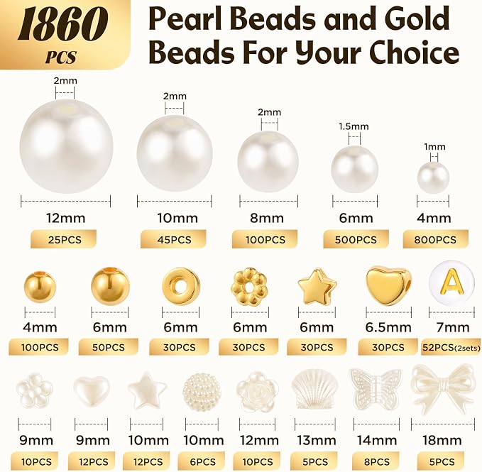 Funtopia 1860pcs Pearl Beads for Jewelry Making, 5 Sizes Round Pearls Bracelet - Image 4