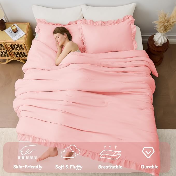 FUANNA Pink Queen Comforter Set, 3 Pieces Ruffle Queen Bed Set, Fluffy Bed in a - Image 4
