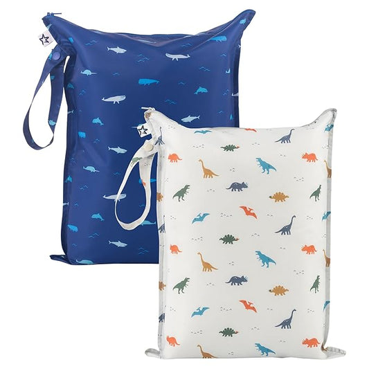 Tiny Twinkle Wet Dry Bag – 2 Pack Reusable Waterproof & Mess Proof Wet Bags for Swimsuits & Travel, Baby Towels & Beach Essentials,a Diaper Bag Must-Have(Dinosaur, Ocean Life)